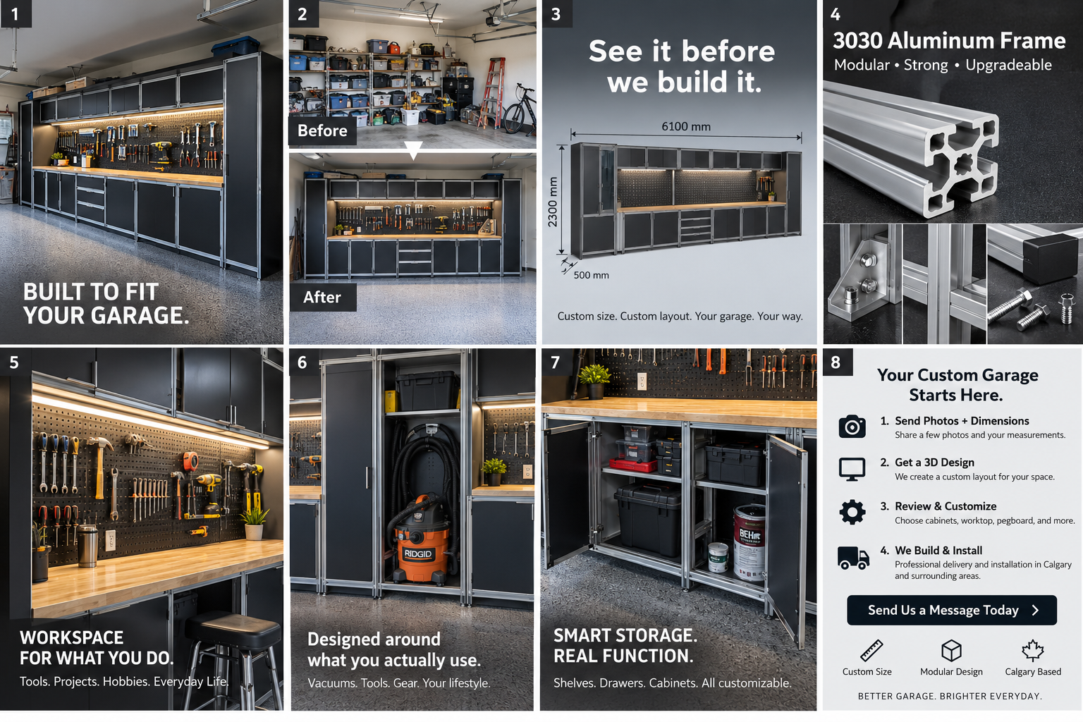 Garage storage concept with 6100 mm width, 500 mm depth and 2300 mm height